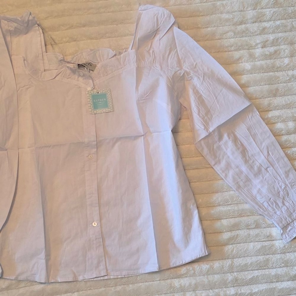 Hayden White Ruffle-Neck Button Front Blouse - White; Medium